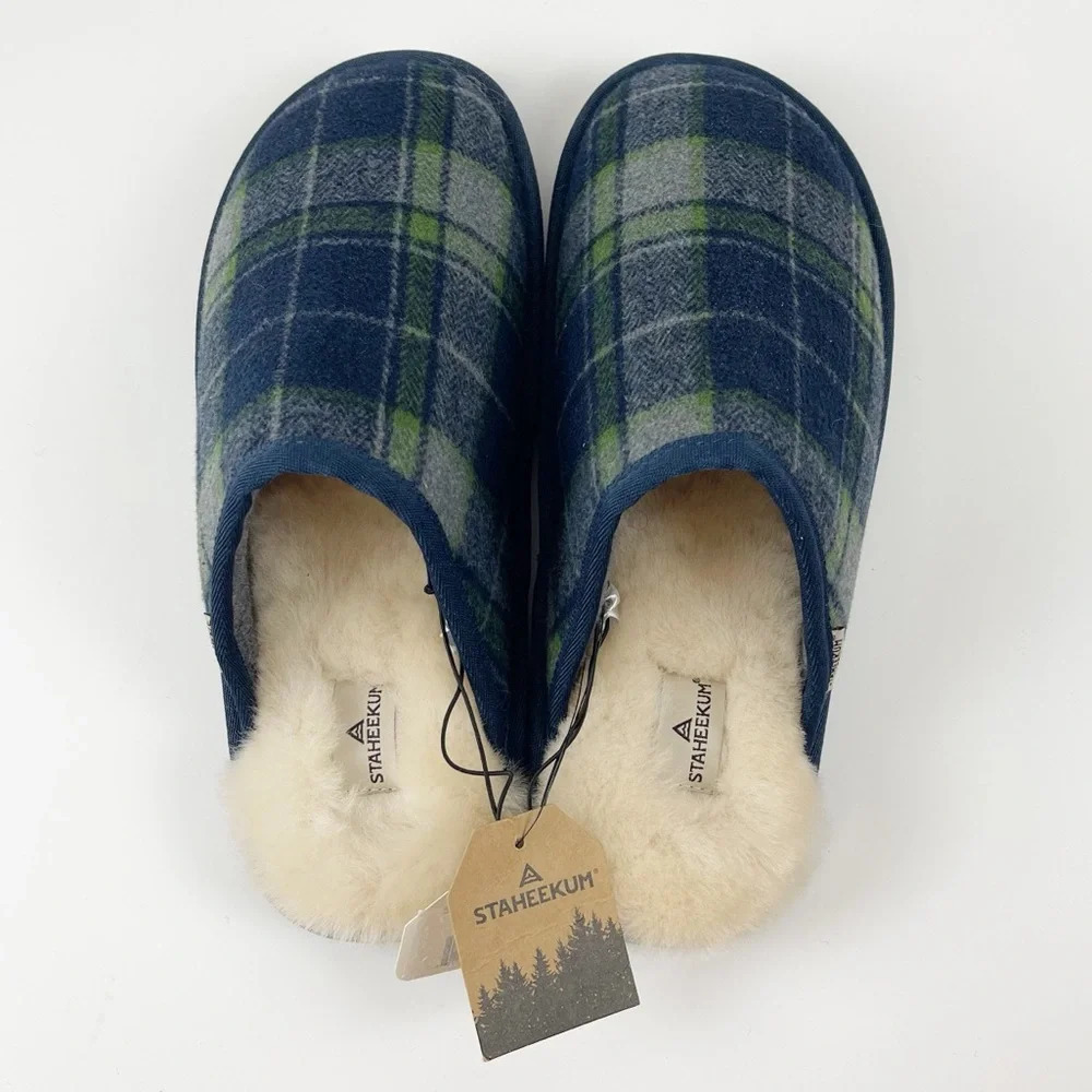 NWT Staheekum Alpine Flannel Slippers Size 10 Navy Faux Fur Shearling Plaid